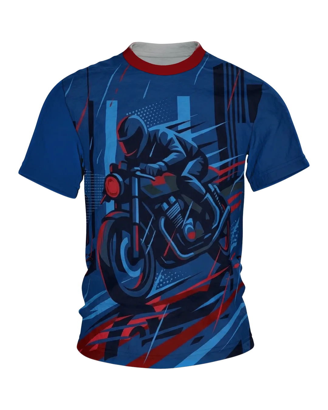 Night Rider T-shirt, Motorcyclist at Night in Blue and Red on the Front, Parked Motorcycle in the Rainy City on the Back