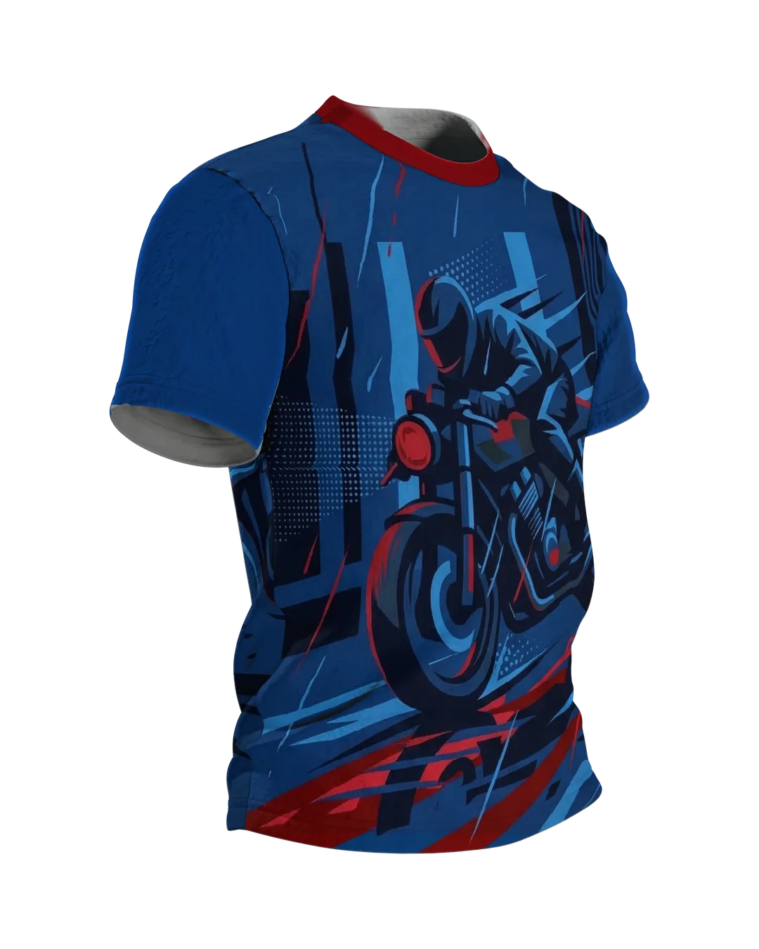 Night Rider T-Shirt, Motorradfahrer bei Nacht in Blau und Rot vorn, geparktes Motorrad in der Regenstadt am Rücken, Seitenansicht links