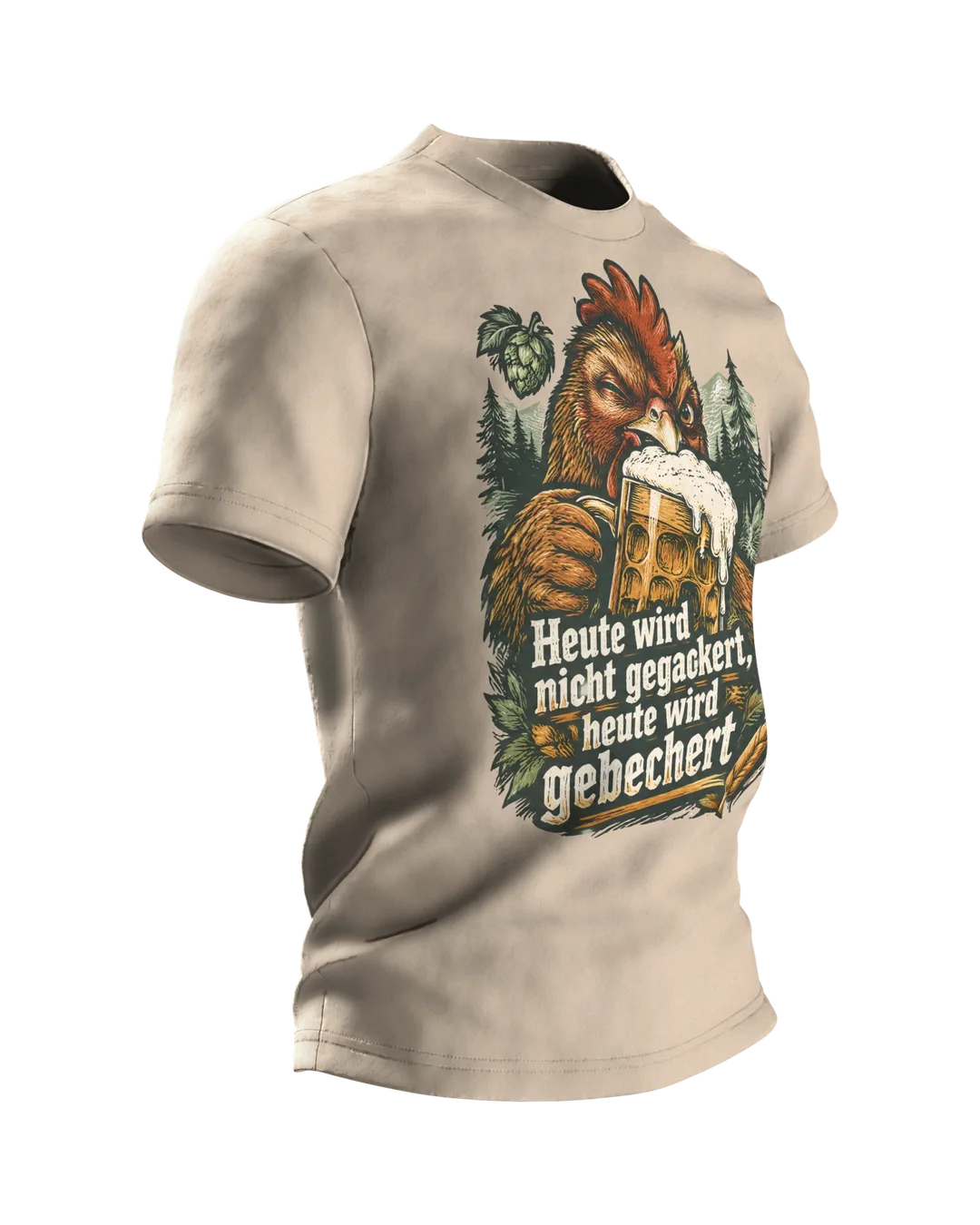 Heute wird nicht gegackert, heute wird gebechert T-Shirt: Hahn mit Bierkrug im Holzschnitt-Stil, Rückenprint, Seitenansicht links