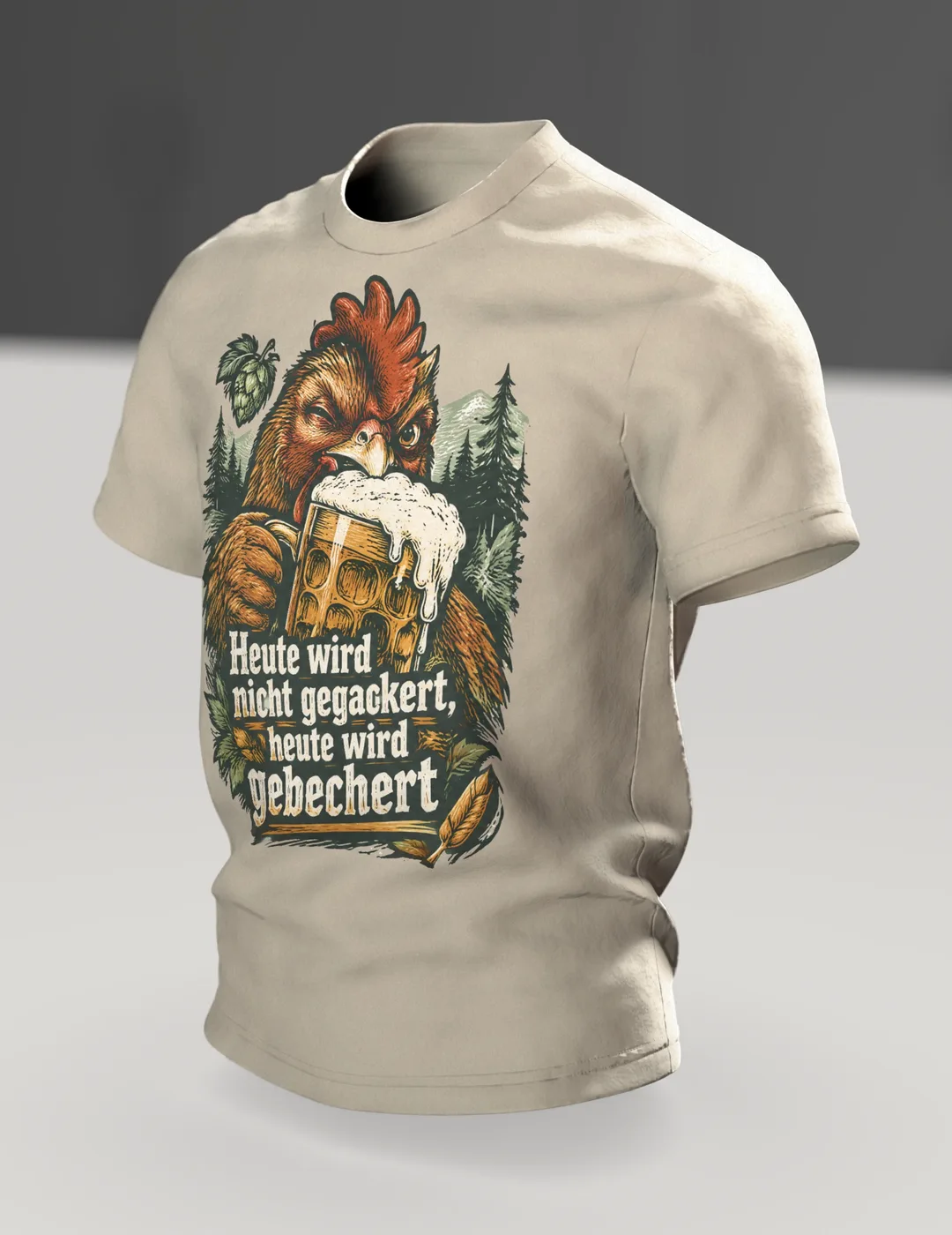 Heute wird nicht gegackert, heute wird gebechert T-Shirt: Hahn mit Bierkrug im Holzschnitt-Stil, Rückenprint, Im Raum, schräg