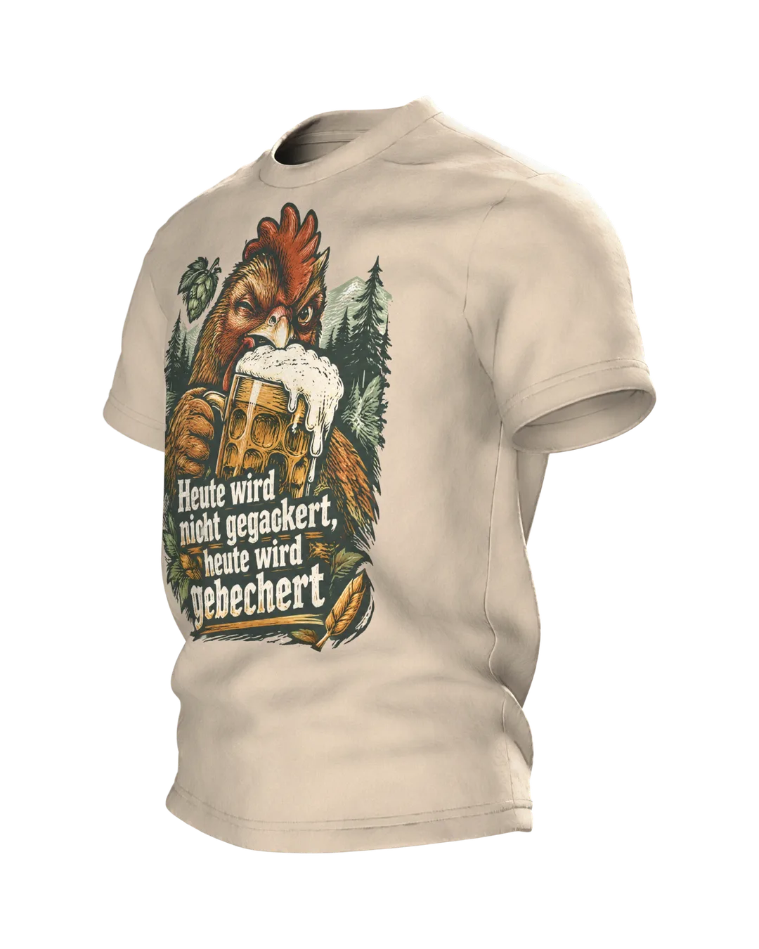 Heute wird nicht gegackert, heute wird gebechert T-Shirt: Hahn mit Bierkrug im Holzschnitt-Stil, Rückenprint, Seitenansicht rechts