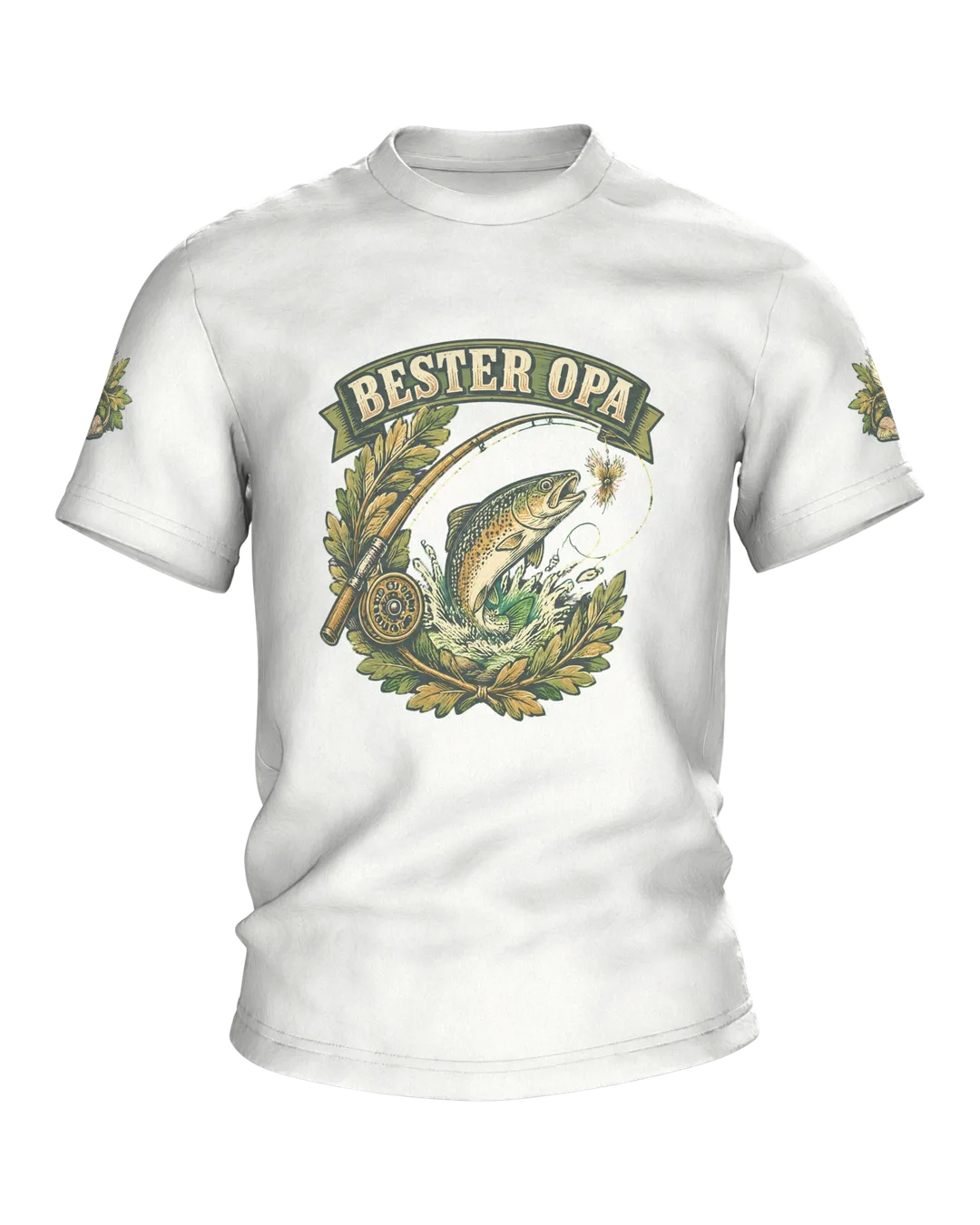 Grandpa Fishing Shirt “BESTER OPA” Vintage Badge with Leaping Trout, Fly Rod and Golden Retriever on the Back