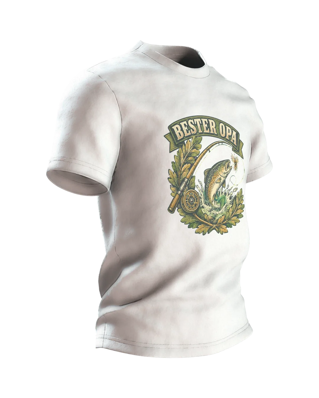Grandpa Fishing Shirt “BESTER OPA” Vintage Badge with Leaping Trout, Fly Rod and Golden Retriever on the Back, Side view, left