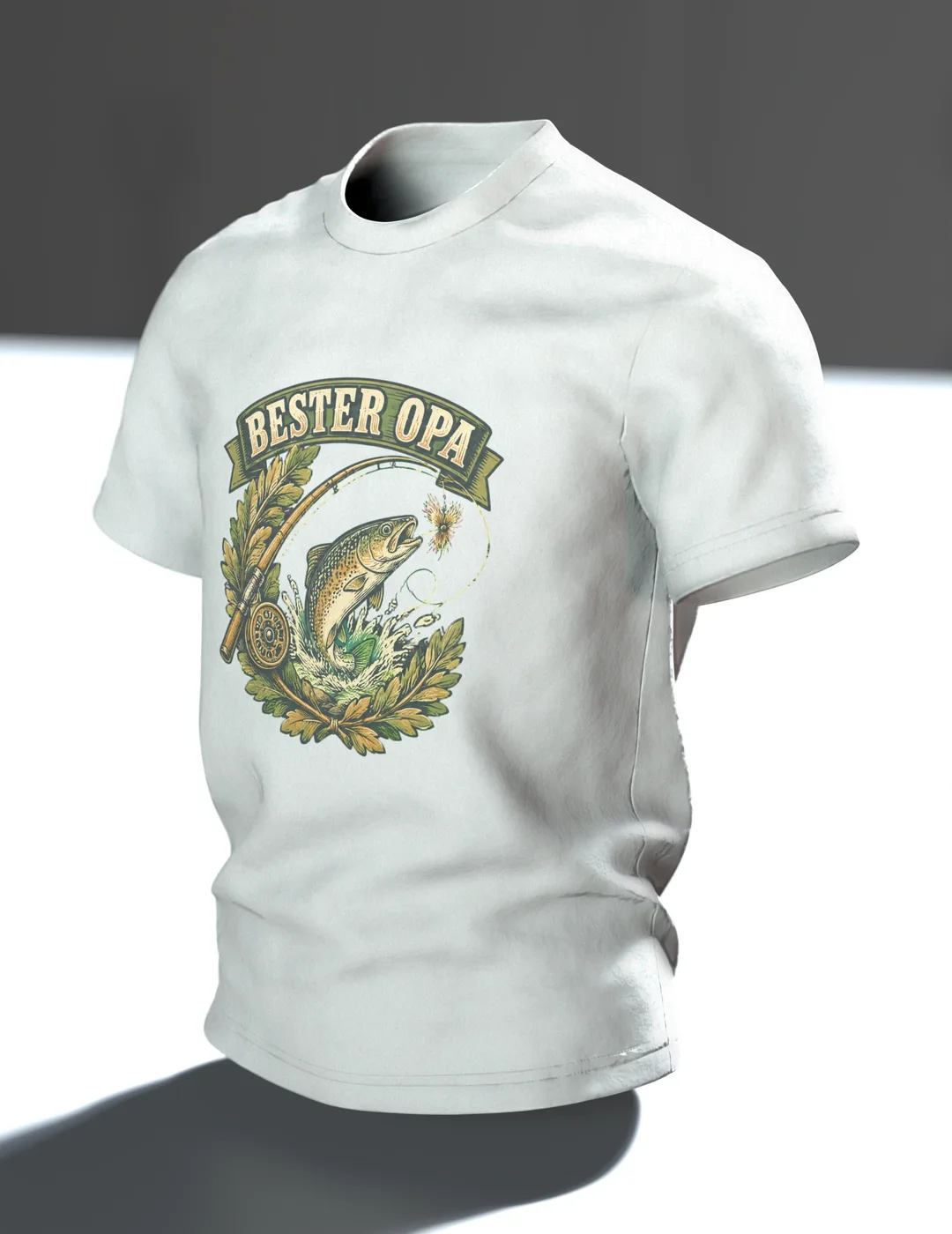 Grandpa Fishing Shirt “BESTER OPA” Vintage Badge with Leaping Trout, Fly Rod and Golden Retriever on the Back, In context, angled