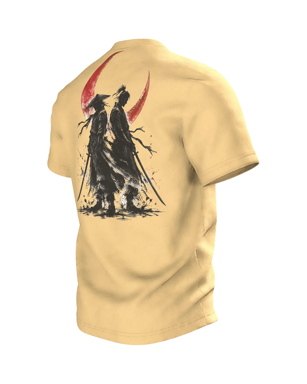 Samurai roter Mond T-Shirt, Tuschekrieger mit Katana vor dem Blutmond, zwei Samurai am Rücken, Rückseite schräg links