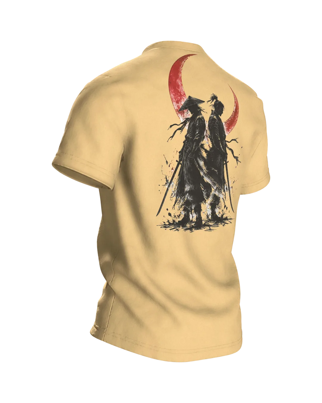 Samurai roter Mond T-Shirt, Tuschekrieger mit Katana vor dem Blutmond, zwei Samurai am Rücken, Rückseite schräg rechts