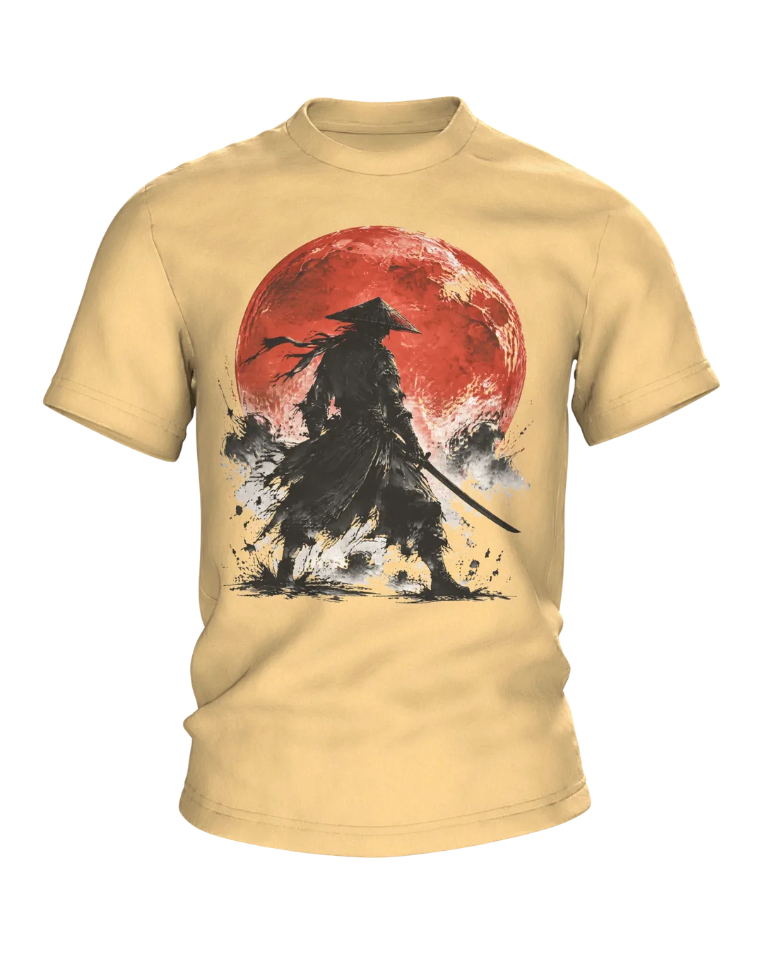 Samurai roter Mond T-Shirt, Tuschekrieger mit Katana vor dem Blutmond, zwei Samurai am Rücken
