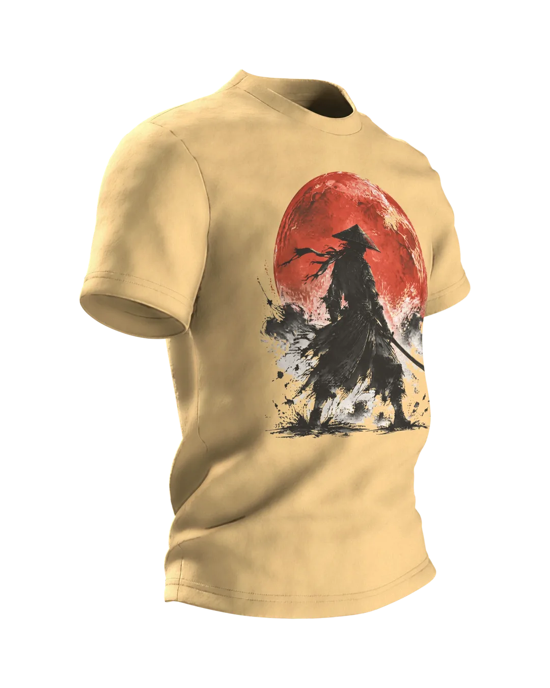 Samurai Red Moon T-shirt, ink warrior with katana before the blood moon, two samurai on the back, Side view, left