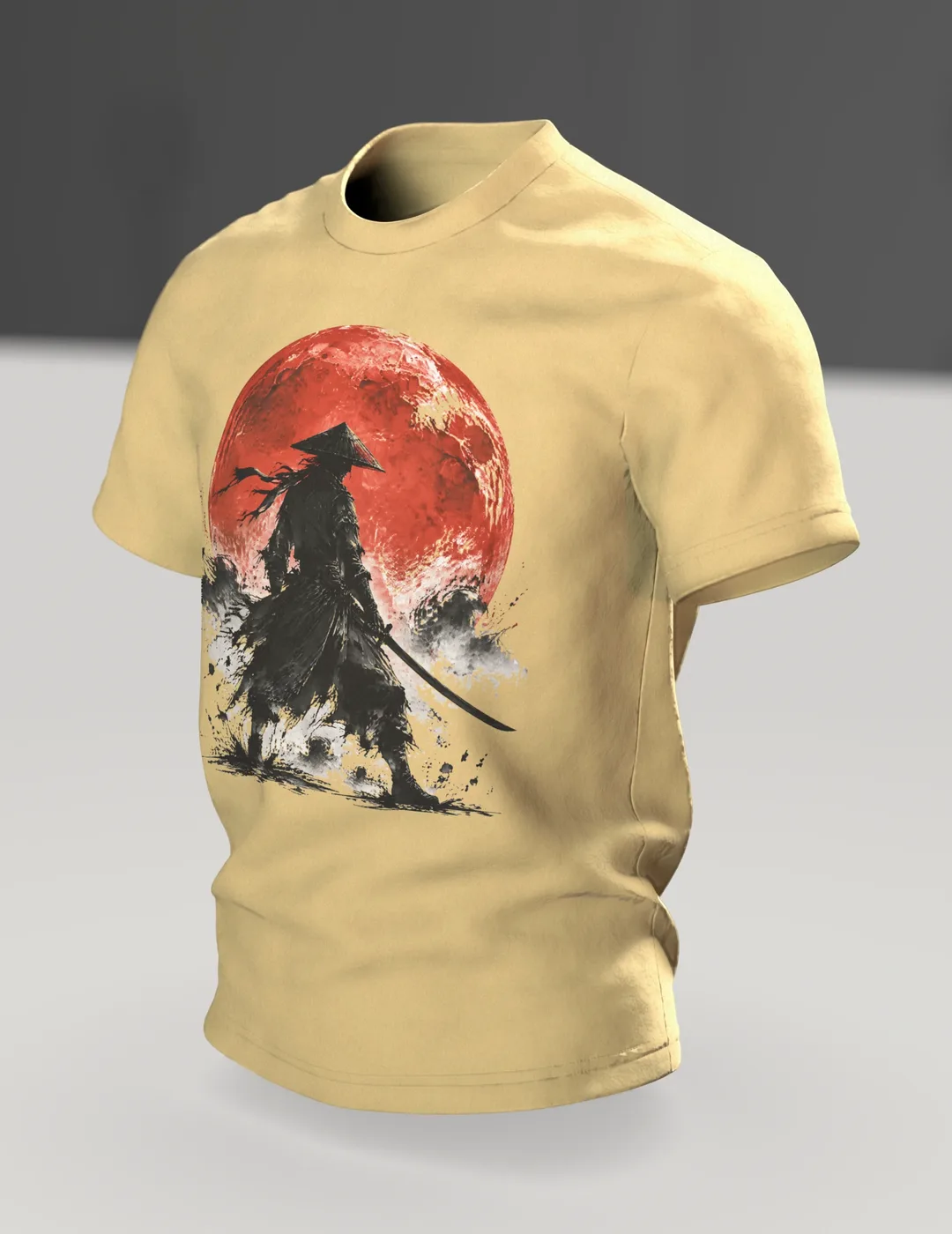 Samurai Red Moon T-shirt, ink warrior with katana before the blood moon, two samurai on the back, In context, angled