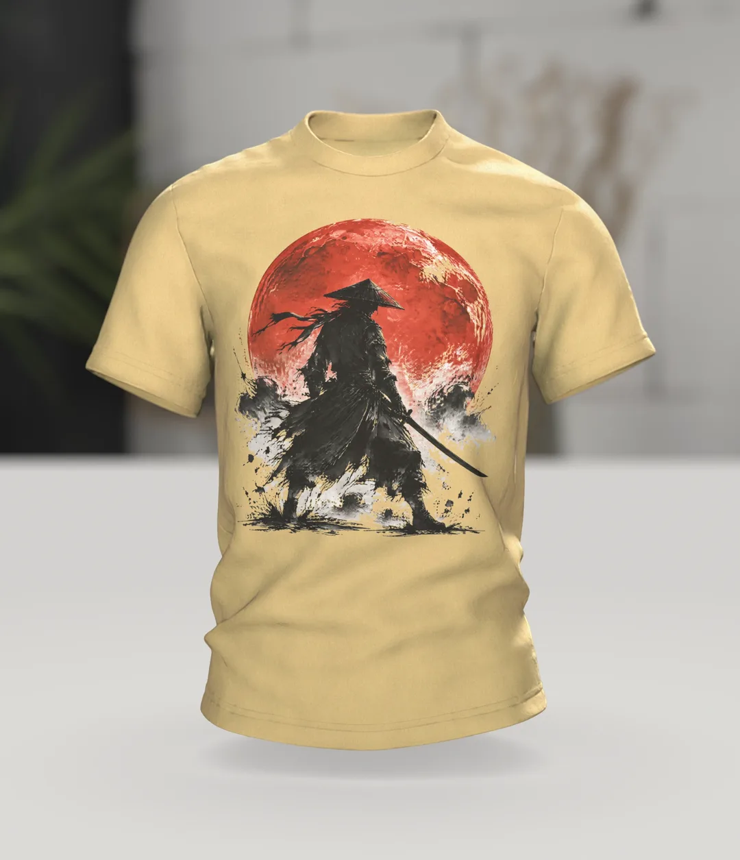 Samurai Red Moon T-shirt, ink warrior with katana before the blood moon, two samurai on the back, In context