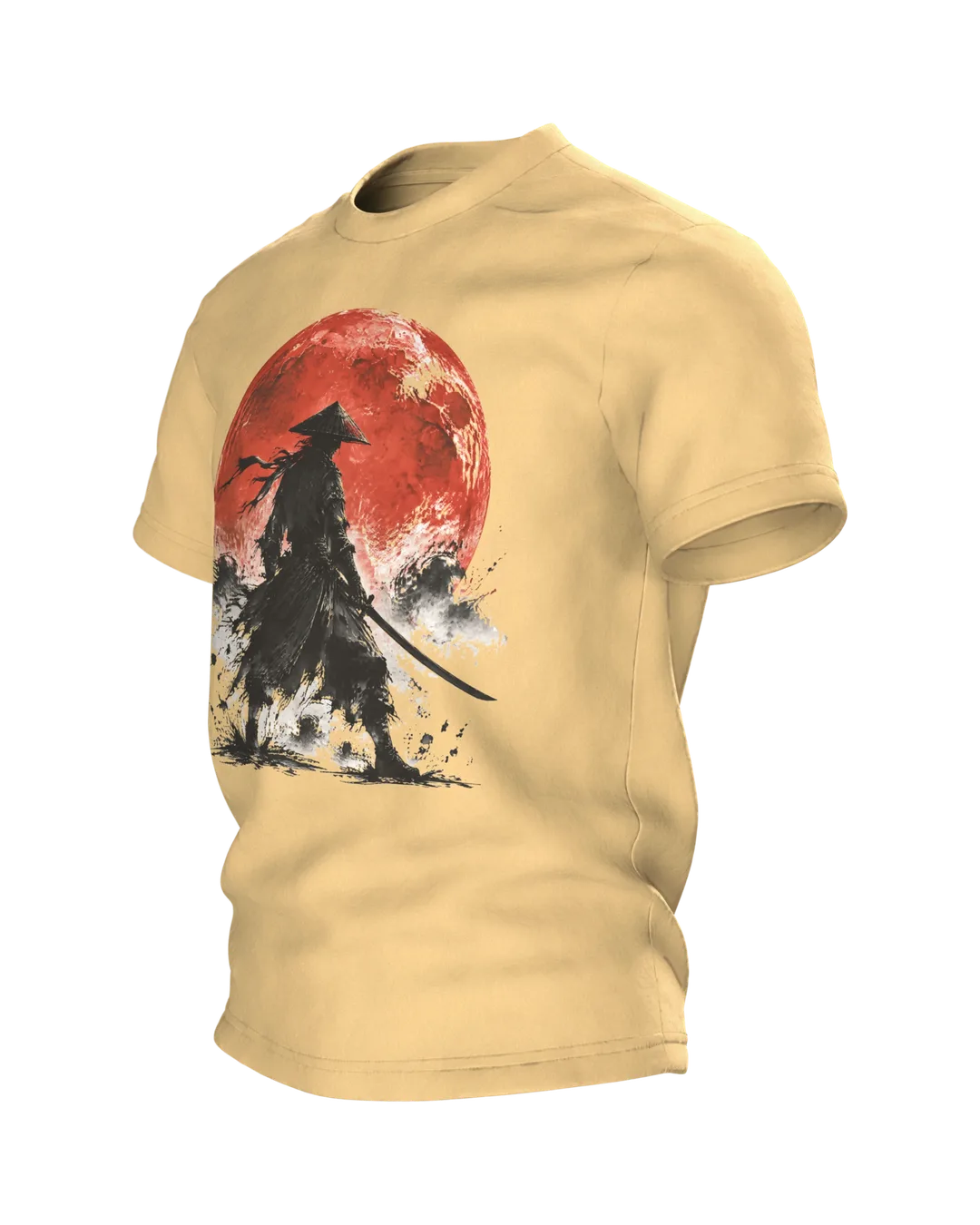 Samurai Red Moon T-shirt, ink warrior with katana before the blood moon, two samurai on the back, Side view, right