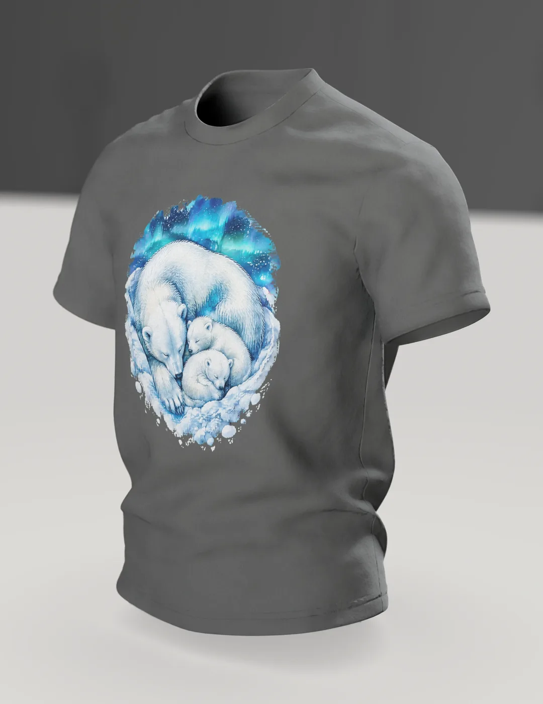Eisbär T-Shirt: Schlafende Eisbärfamilie im Polarlicht, Im Raum, schräg