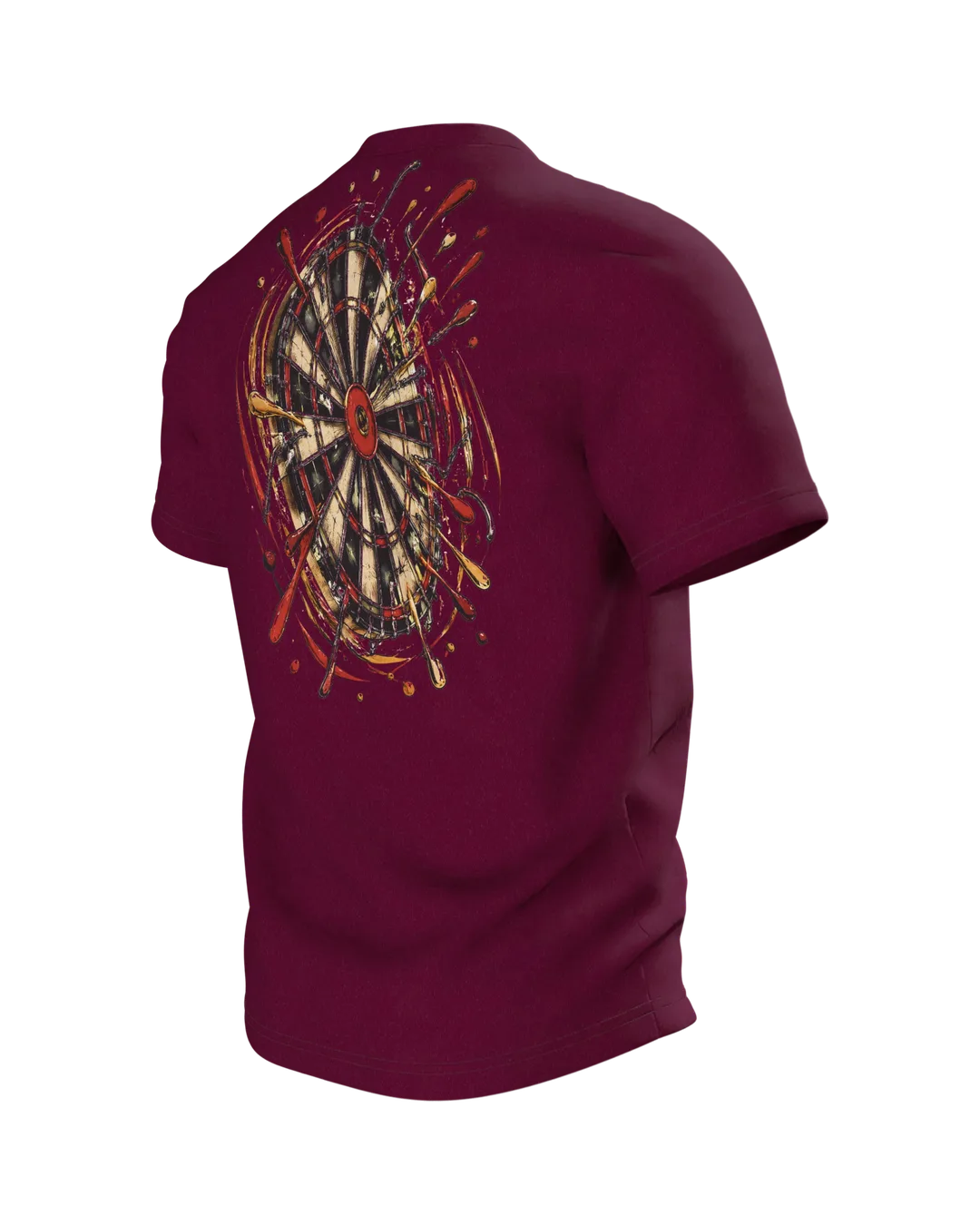 Dart T-Shirt: Dartpfeil im Bullseye mit Farbspritzern, Vintage-Stil, Rückseite schräg links