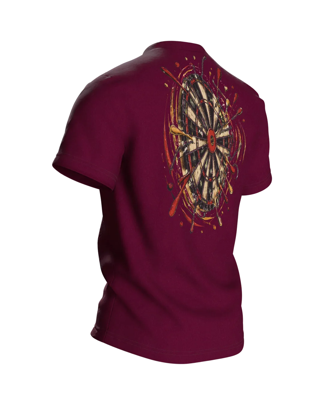 Dart T-Shirt: Dartpfeil im Bullseye mit Farbspritzern, Vintage-Stil, Rückseite schräg rechts