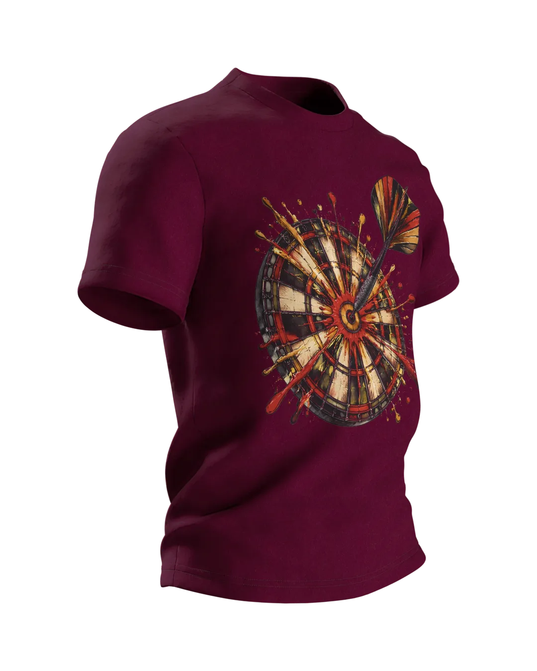 Dart T-Shirt: Dartpfeil im Bullseye mit Farbspritzern, Vintage-Stil, Seitenansicht links