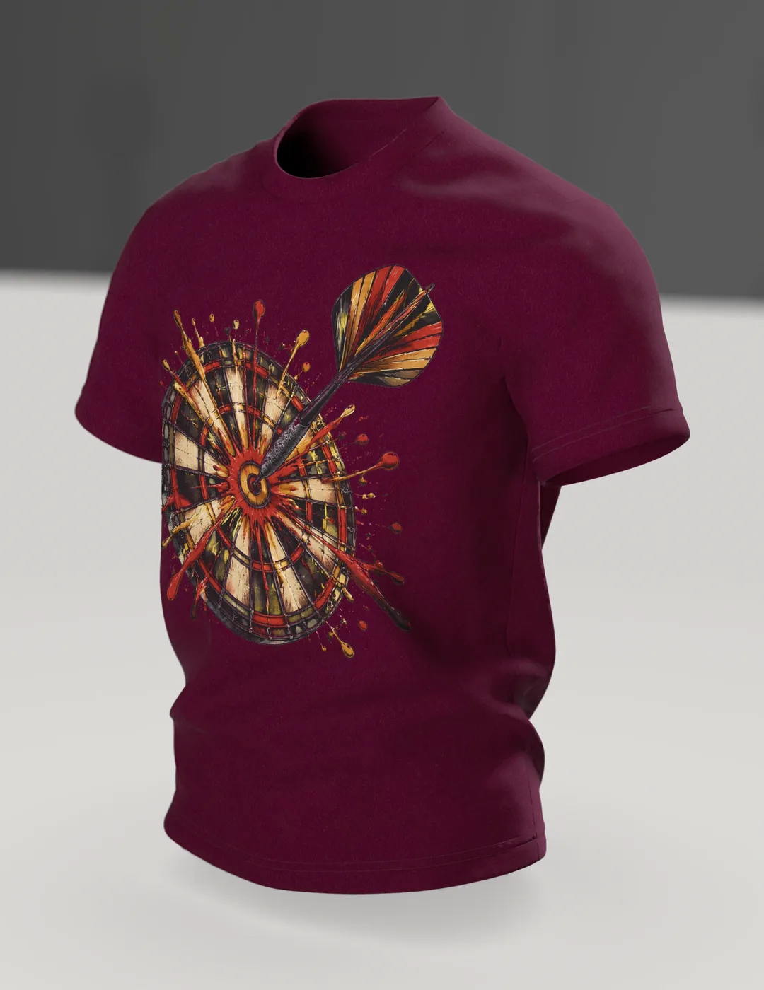 Dart T-Shirt: Dartpfeil im Bullseye mit Farbspritzern, Vintage-Stil, Im Raum, schräg