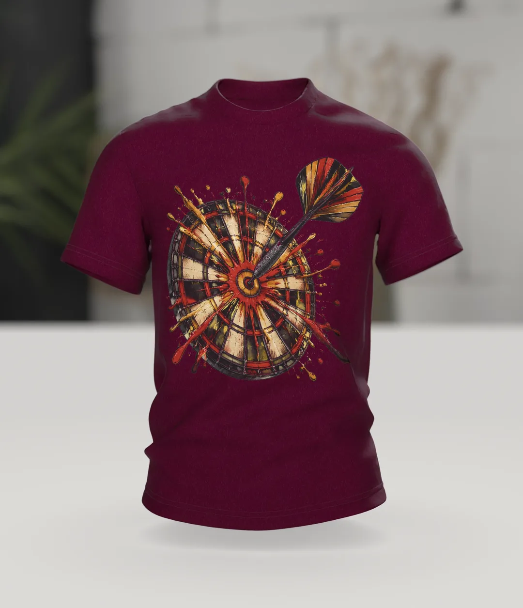 Dart T-Shirt: Dartpfeil im Bullseye mit Farbspritzern, Vintage-Stil, Im Raum