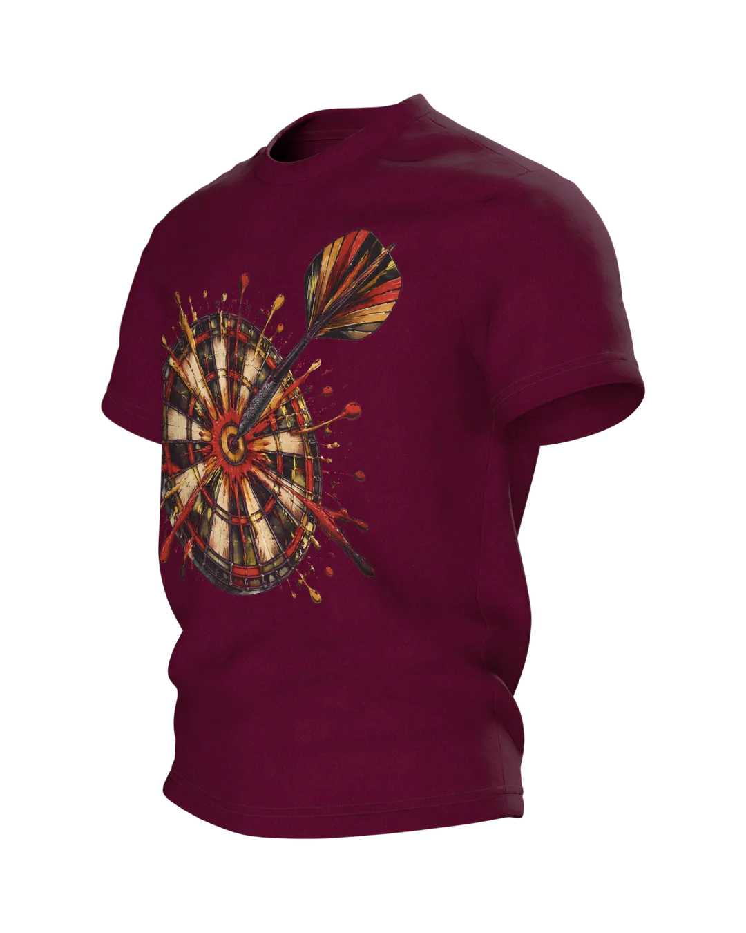 Dart T-Shirt: Dartpfeil im Bullseye mit Farbspritzern, Vintage-Stil, Seitenansicht rechts