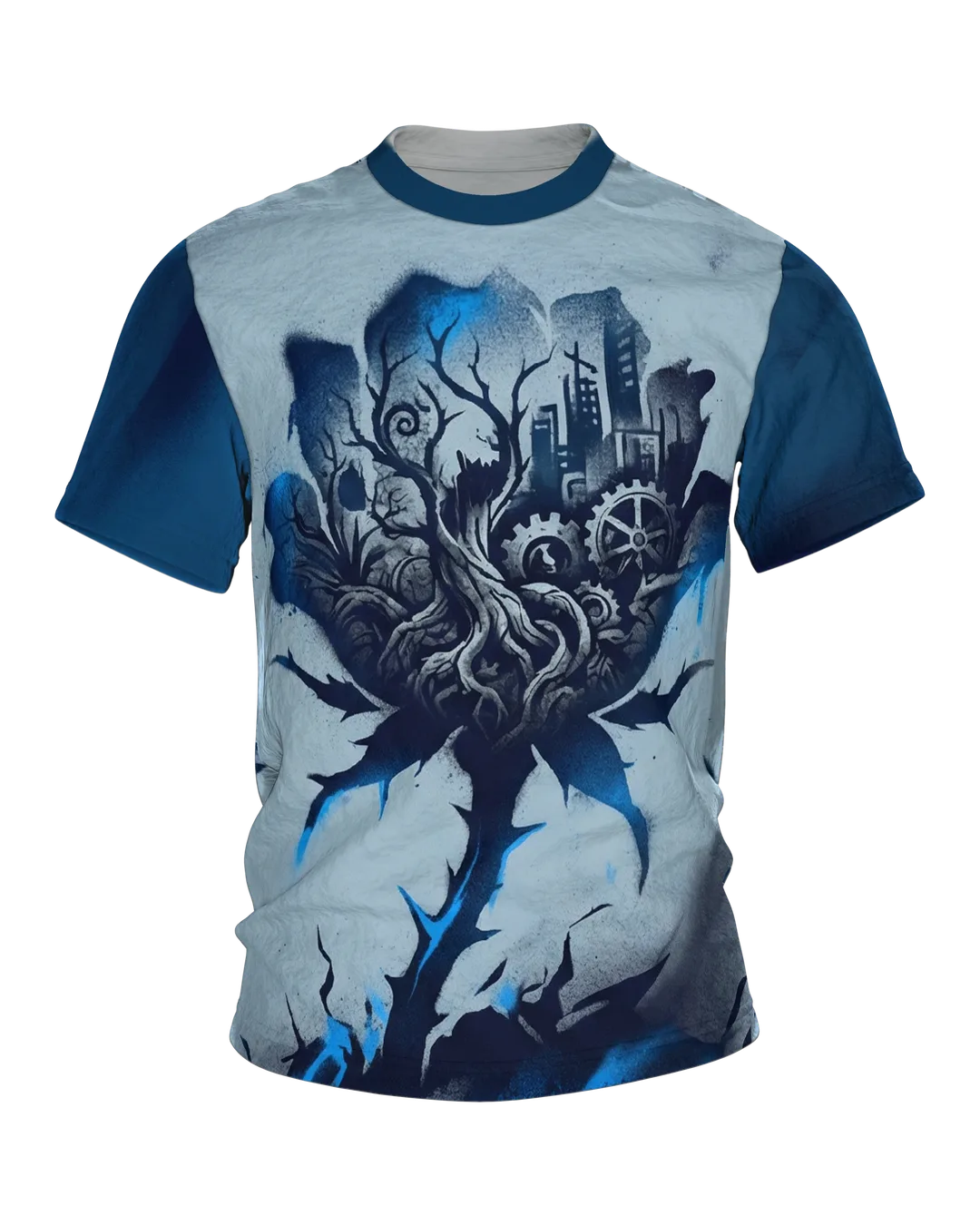 Dystopian Rose T-shirt, city and clockwork gears inside the bloom, Dark Art