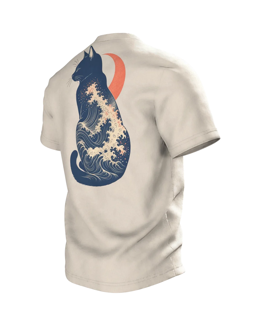 Great Wave Cat T-shirt, Kanagawa Ukiyo-e Woodblock with Crescent Moon, Back, angled left