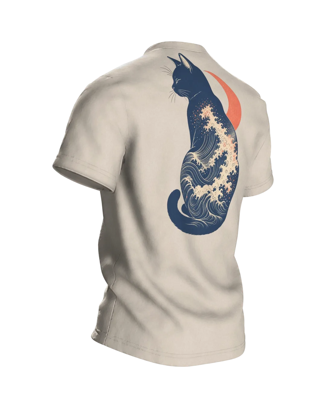 Great Wave Cat T-shirt, Kanagawa Ukiyo-e Woodblock with Crescent Moon, Back, angled right