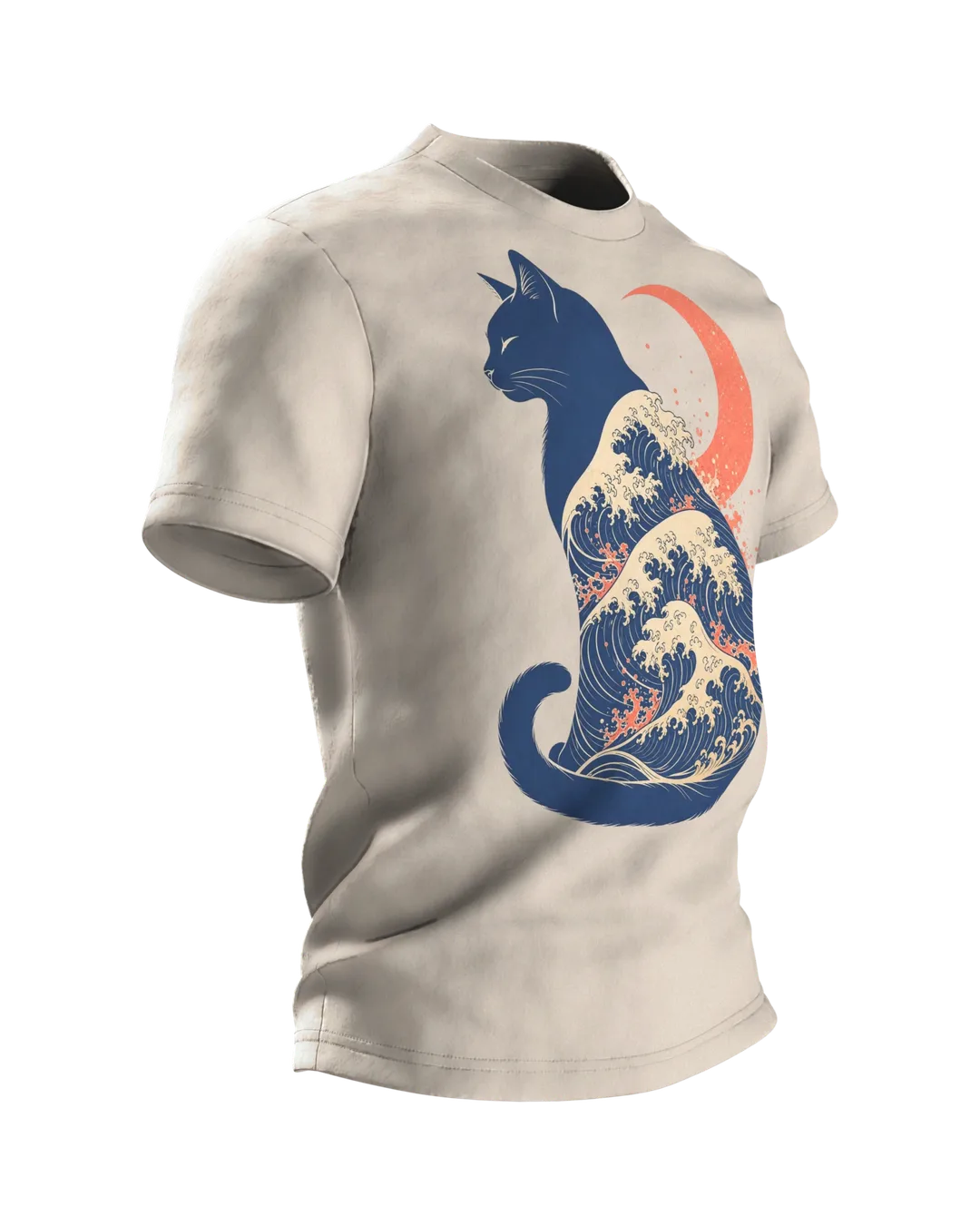 Große Welle Katze T-Shirt, Kanagawa Ukiyo-e Holzschnitt mit Mondsichel, Seitenansicht links