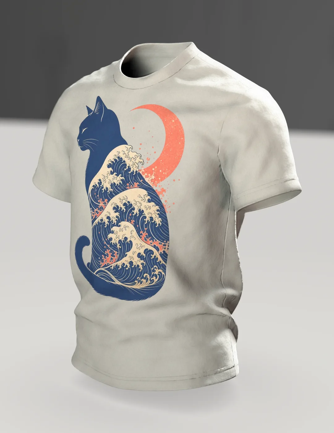 Große Welle Katze T-Shirt, Kanagawa Ukiyo-e Holzschnitt mit Mondsichel, Im Raum, schräg
