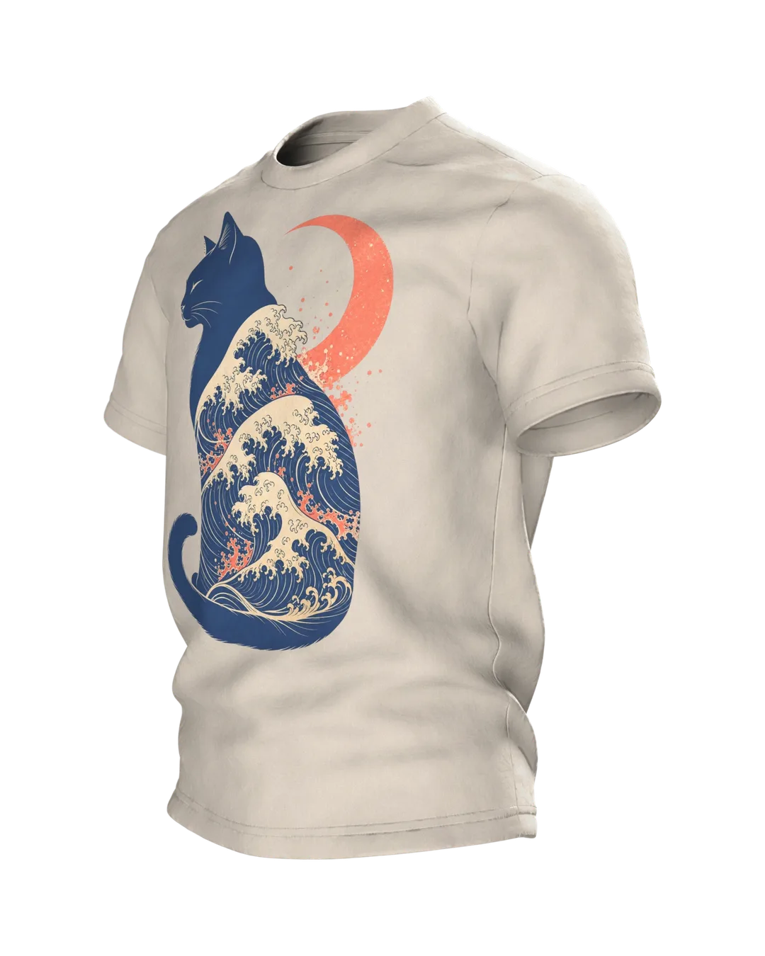 Große Welle Katze T-Shirt, Kanagawa Ukiyo-e Holzschnitt mit Mondsichel, Seitenansicht rechts