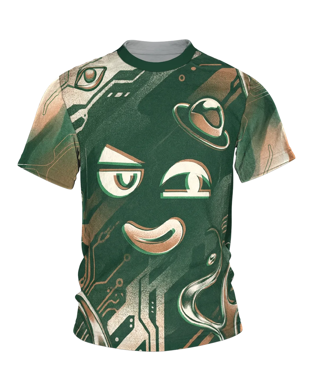 Smug Cyber Face T-shirt, grinning circuit expression in green and copper, chrome door on the back