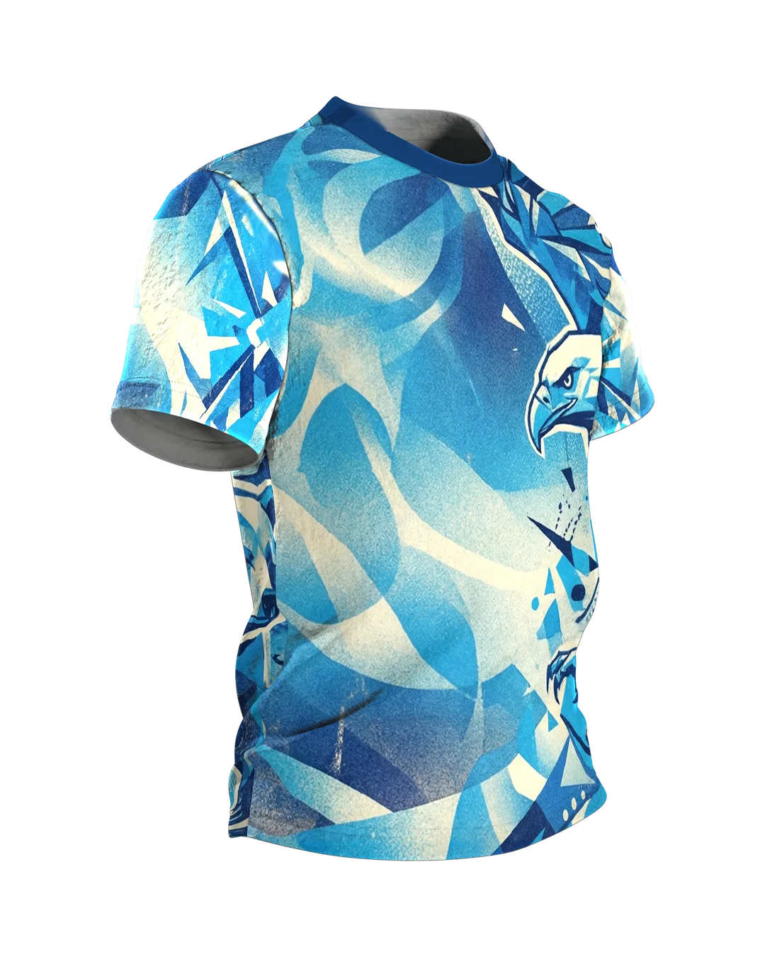 Geometrischer Adler T-Shirt, Low-Poly Facetten in Eisblau, Polygon-Bär auf der Rückseite, Seitenansicht links