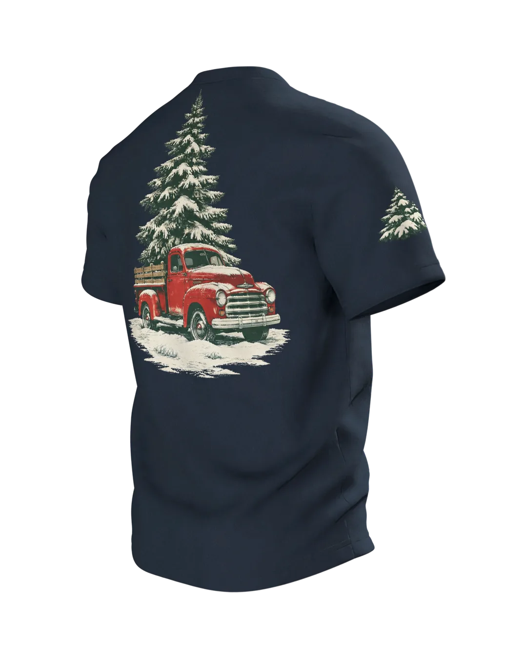 Vintage Truck T-Shirt: roter Truck mit Tannenbaum im Schneesturm, Retro-Stil, Rückseite schräg links