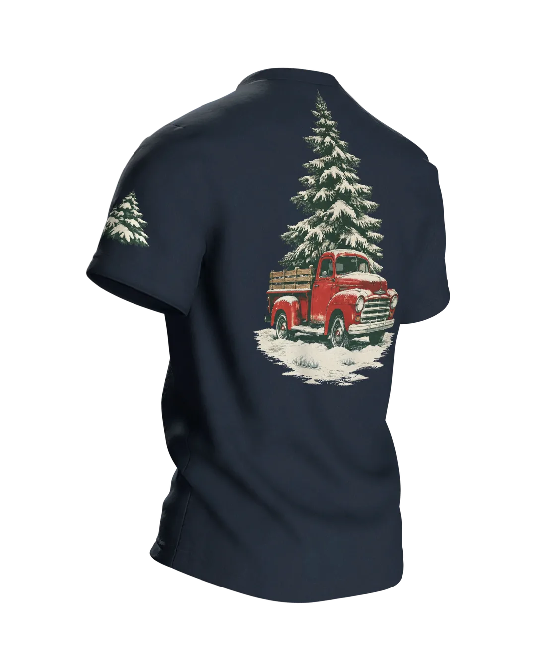Vintage Truck T-Shirt: roter Truck mit Tannenbaum im Schneesturm, Retro-Stil, Rückseite schräg rechts