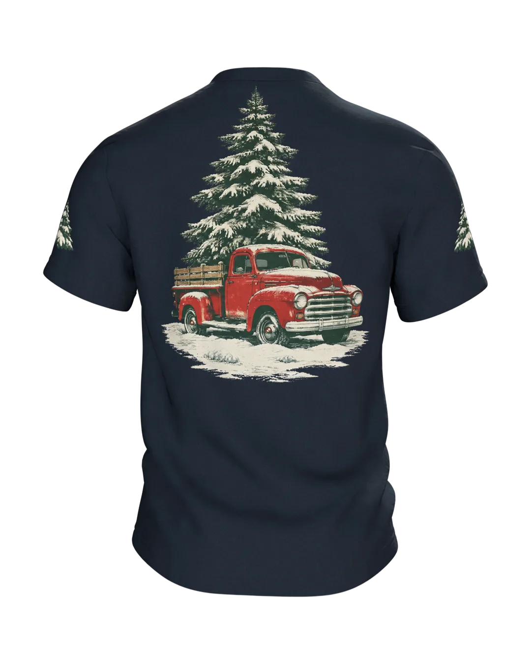 Vintage Truck T-Shirt: roter Truck mit Tannenbaum im Schneesturm, Retro-Stil, Rückseite