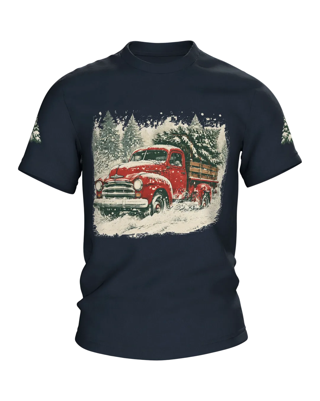 Vintage Truck T-Shirt: Red Truck with Christmas Tree in a Snowstorm, Retro Style