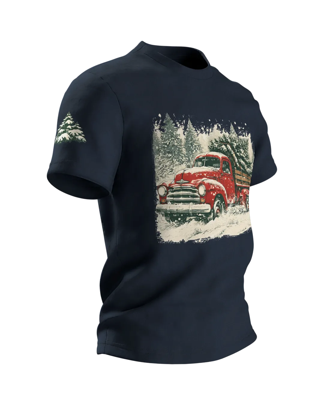 Vintage Truck T-Shirt: roter Truck mit Tannenbaum im Schneesturm, Retro-Stil, Seitenansicht links