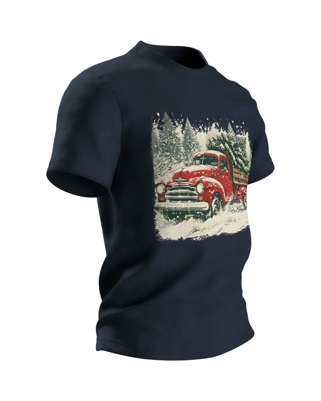 Vintage Truck T-Shirt: roter Truck mit Tannenbaum im Schneesturm, Retro-Stil, Seitenansicht links