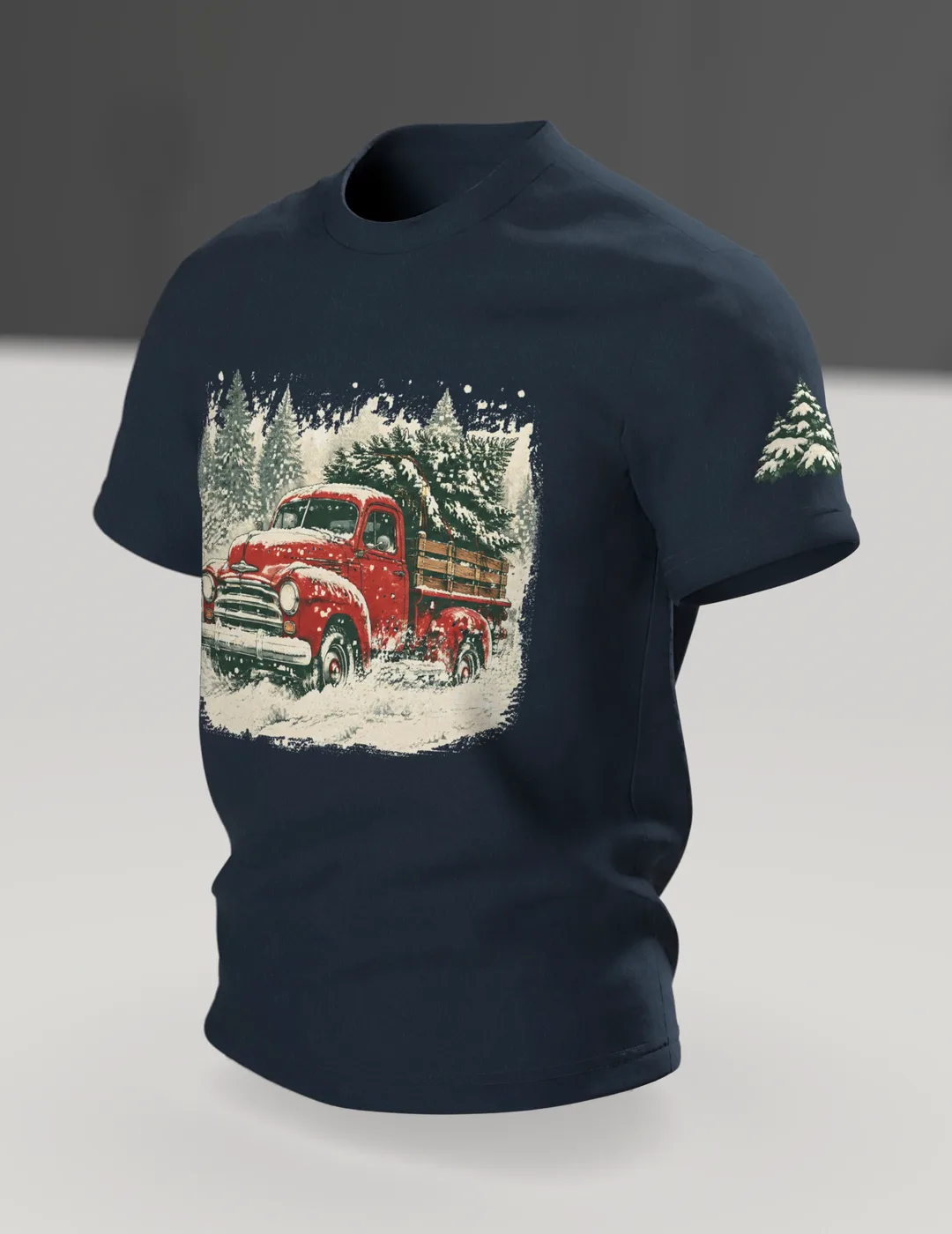 Vintage Truck T-Shirt: roter Truck mit Tannenbaum im Schneesturm, Retro-Stil, Im Raum, schräg