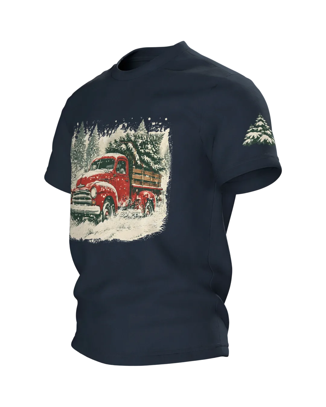 Vintage Truck T-Shirt: roter Truck mit Tannenbaum im Schneesturm, Retro-Stil, Seitenansicht rechts