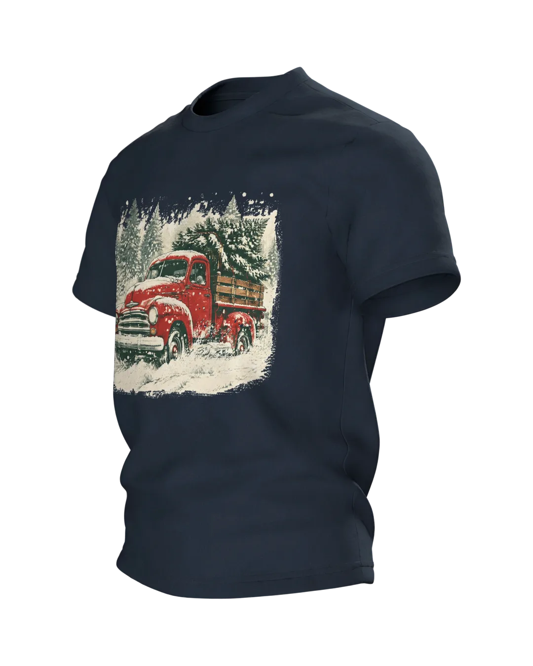 Vintage Truck T-Shirt: roter Truck mit Tannenbaum im Schneesturm, Retro-Stil, Seitenansicht rechts