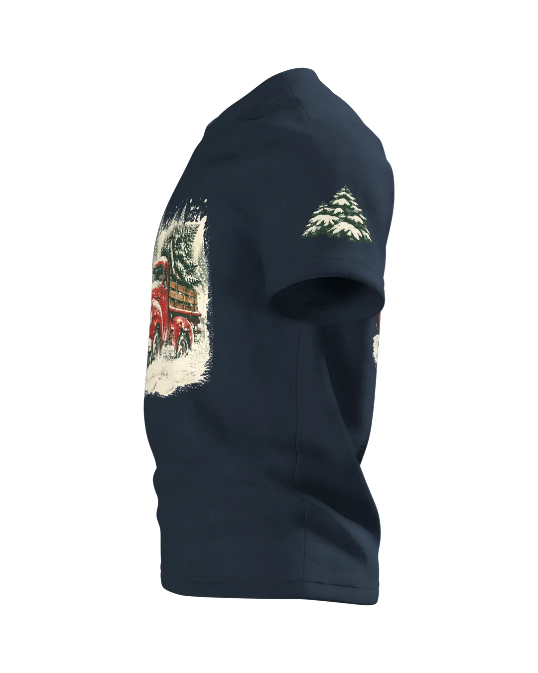 Vintage Truck T-Shirt: roter Truck mit Tannenbaum im Schneesturm, Retro-Stil, Linker Ärmel