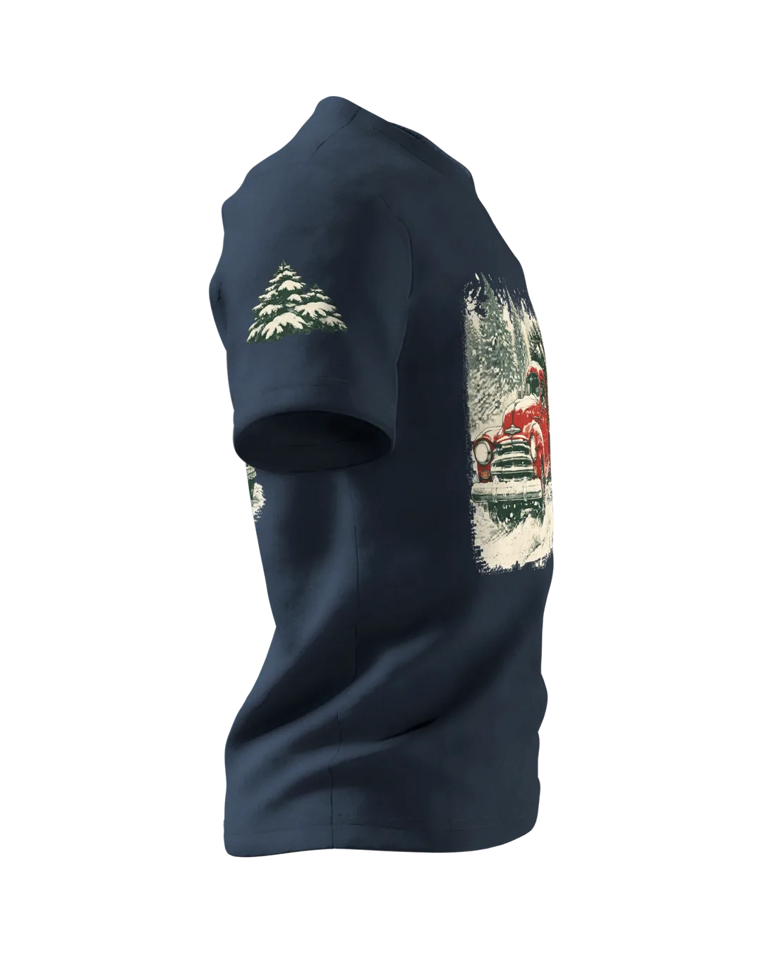 Vintage Truck T-Shirt: roter Truck mit Tannenbaum im Schneesturm, Retro-Stil, Rechter Ärmel