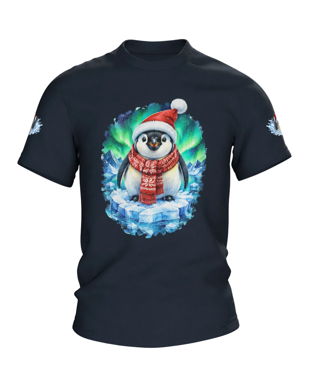 Penguin Christmas T-Shirt: Penguin Under the Northern Lights
