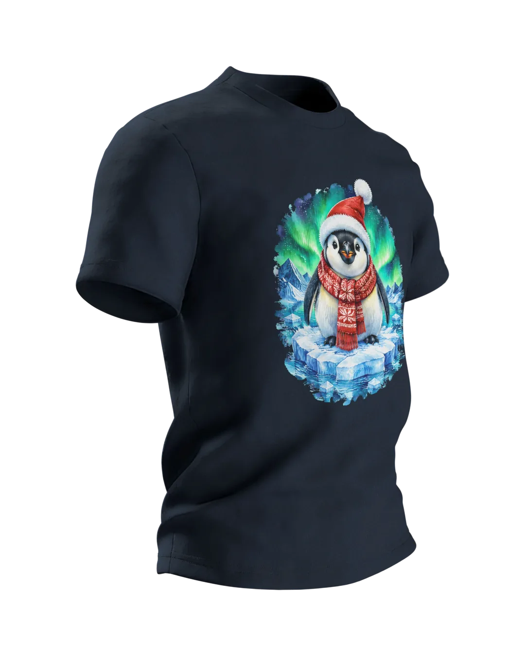 Pinguin Weihnachten T-Shirt: Pinguin im Polarlicht, Seitenansicht links