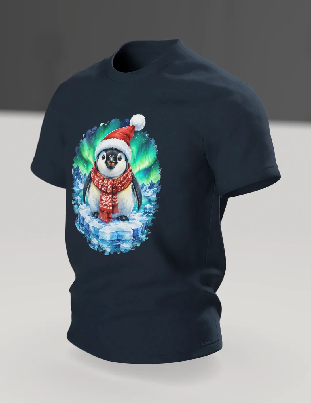Pinguin Weihnachten T-Shirt: Pinguin im Polarlicht, Im Raum, schräg