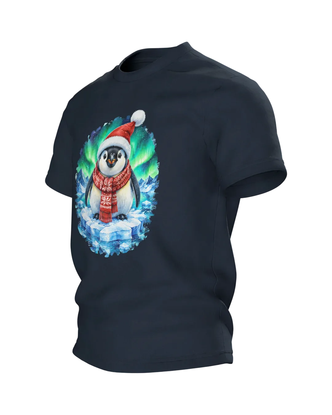 Pinguin Weihnachten T-Shirt: Pinguin im Polarlicht, Seitenansicht rechts