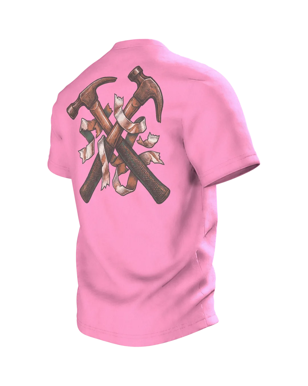 Tradesman T-shirt "Messen. Fluchen. Nochmal messen.", Tape Measure Emblem in Woodcut Style, Back, angled left