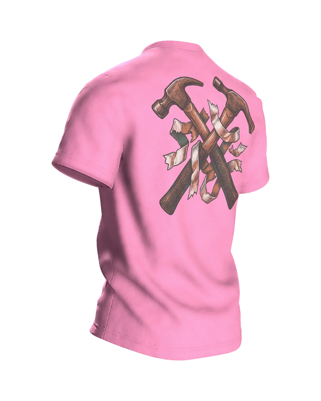Tradesman T-shirt "Messen. Fluchen. Nochmal messen.", Tape Measure Emblem in Woodcut Style, Back, angled right