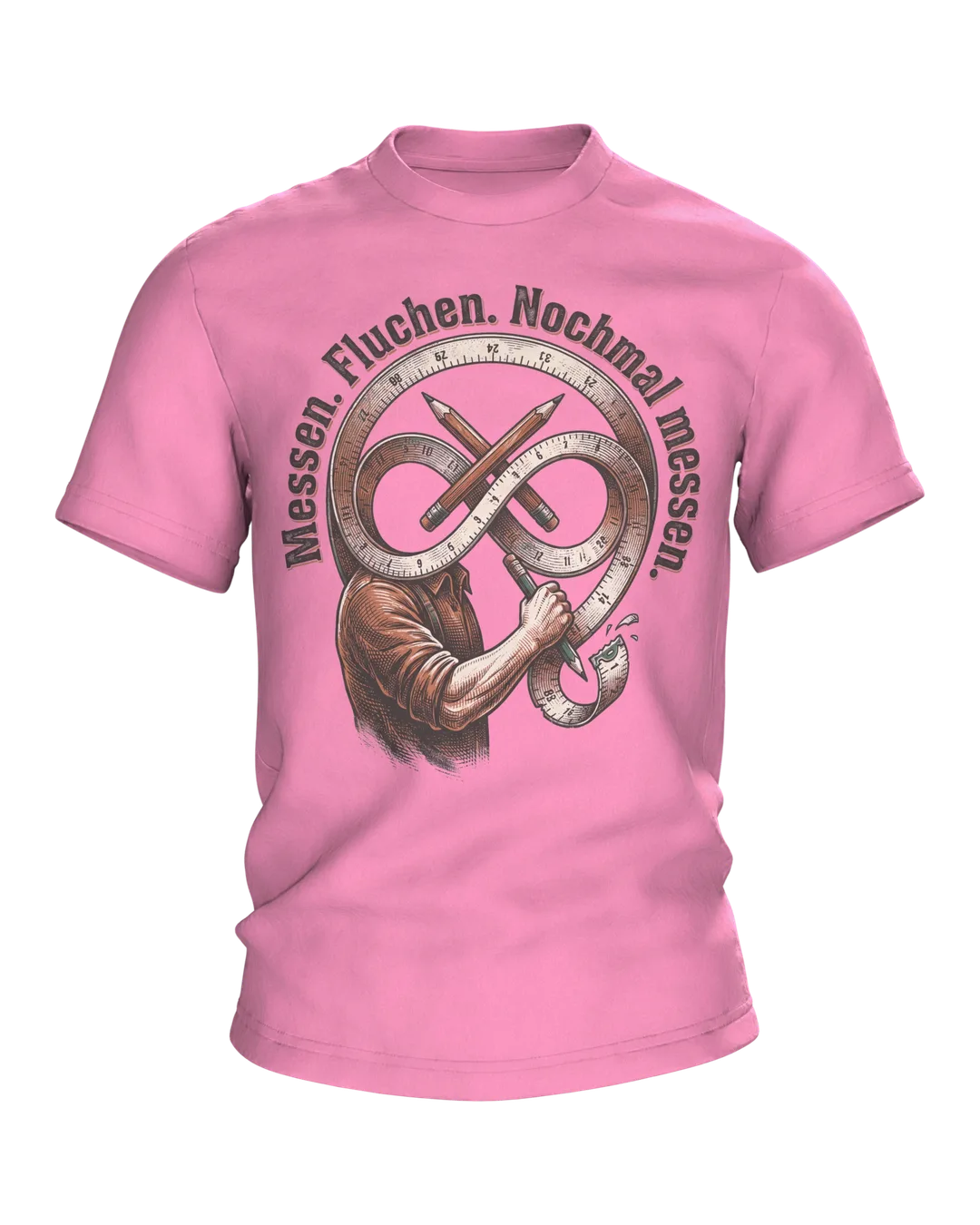 Tradesman T-shirt "Messen. Fluchen. Nochmal messen.", Tape Measure Emblem in Woodcut Style
