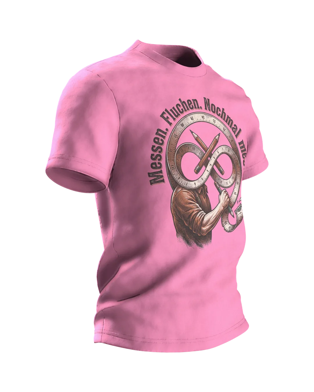 Handwerker T-Shirt "Messen. Fluchen. Nochmal messen.", Maßband-Emblem im Holzschnitt-Stil, Seitenansicht links