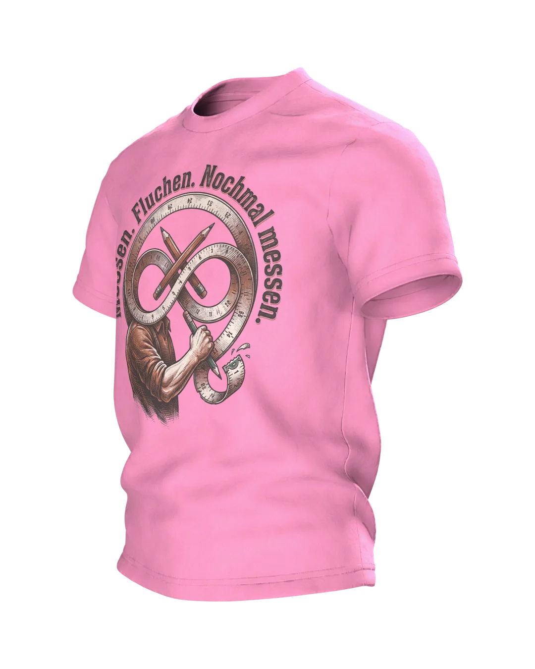Handwerker T-Shirt "Messen. Fluchen. Nochmal messen.", Maßband-Emblem im Holzschnitt-Stil, Seitenansicht rechts
